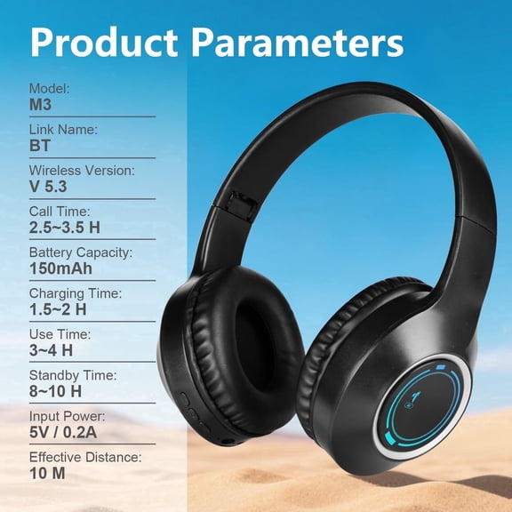 M3 Black Foldable Bluetooth 5.3 Over-Ear Headphones with LED Accent Light, TF (Micro SD) MP3 Playback, Media Control Buttons, AUX Option, Music Only