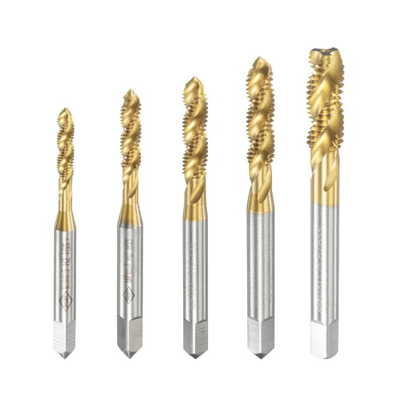 Unique Bargains M3 M4 M5 M6 M8 Spiral Flute Taps Set Titanium Coated High Speed Steel Machine Thread Metric Screw Taps 5Pcs