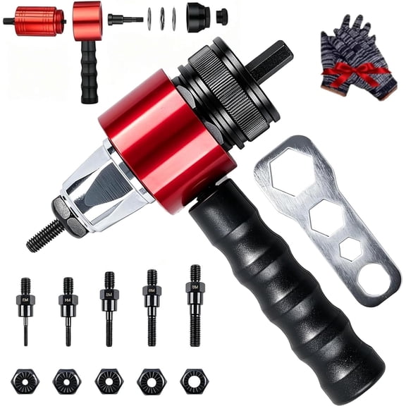 M3-M8 Electric Rivet Gun Adapter Kit, Cordless Drill Rivet Nut Tool Attachment, Quick Change Rivet Nut Drill Adapter with Metric Mandrels for Automotive, Metalworking and DIY Projects (1Set)