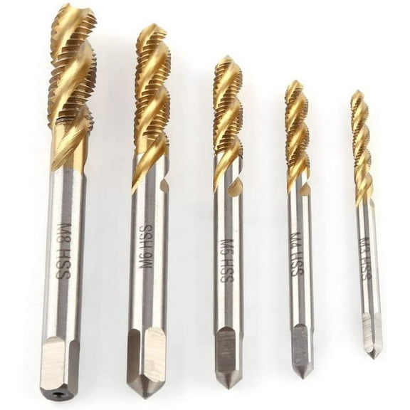 M3-M8, HSS Steel with Titanium Coating, Ideal for Thread Tapping Spiral Flute Tap Set, 5-Piece Assortment