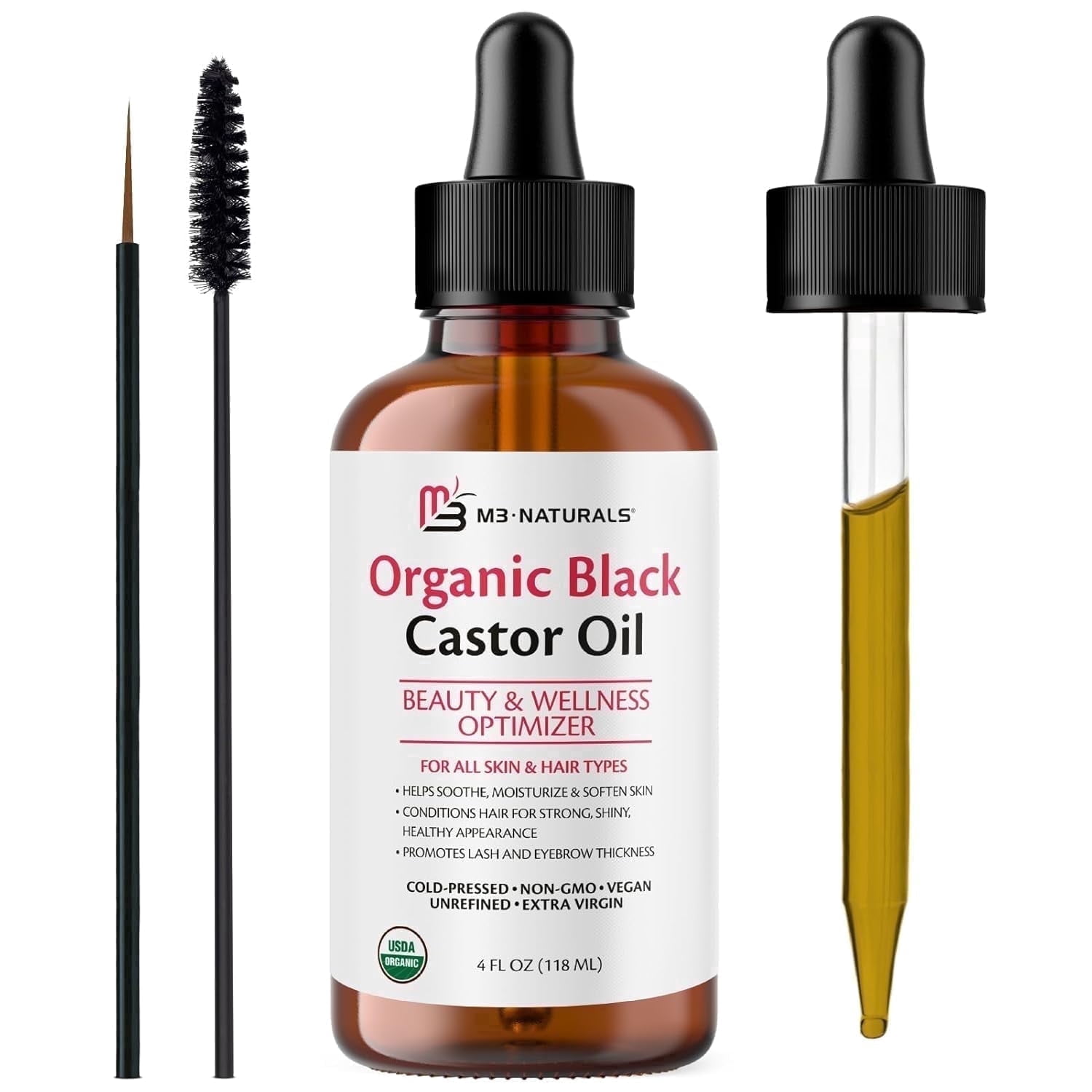 M3 Naturals Black Castor Oil for Hair Growth, Cold Pressed Organic Castor Oil for Hair and Skin, 4 fl oz