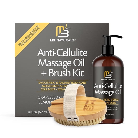 M3 Body Massage Oil with Collagen & Stem Cell and Brush set Helps Smooth The Appearance of Cellulite & Improve Skin Texture  Refreshing Aromatherapy Body Oil for Legs & Full Body  8 Fl Oz