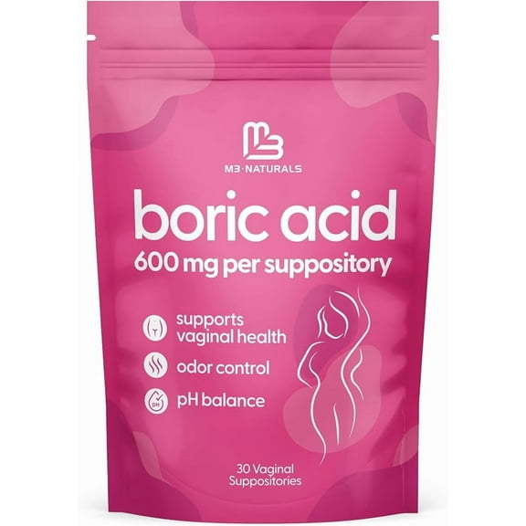 M3 Naturals Boric Acid Vaginal Suppositories for Women | 600 mg | Supports Vaginal Freshness & pH Balance | Vegan, Non-GMO | 30 Count