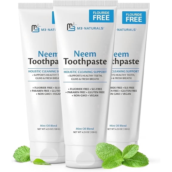 M3 Neem Toothpaste, Fluoride Free Toothpaste for Healthy Teeth & Gums, Mint, 120 g, 3-Pack