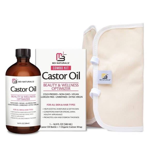 M3 Pure Castor Oil Pack Kit - Large Hexane Free Cold Pressed Castor Oil in Glass Bottle Plus Adjustable and Reusable Organic Cotton Castor Oil Wrap Kit