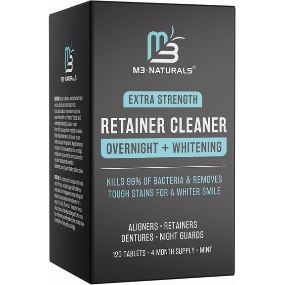 M3 Retainer Cleaner Overnight   Whitening, Mint Flavor 120 ct | Remove Stains, Discoloration, and Plaque | 4 Month Supply | Denture Cleanser with Whitening Boost