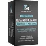 M3 Naturals Retainer Cleaner Overnight + Whitening, Mint Flavor 120 ct | Remove Stains, Discoloration, and Plaque | 4 Month Supply | Denture Cleanser with Whitening Boost
