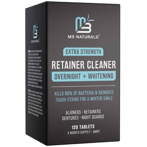 M3 Retainer Cleaner Overnight + Whitening, Mint Flavor 120 ct | Remove Stains, Discoloration, and Plaque | 4 Month Supply | Denture Cleanser with Whitening Boost
