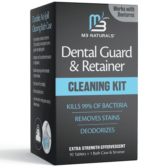 Retainer Cleaner and Soak Container, No-Mess Cleaning Tablets with Universal Denture Bath Case and Strainer, Multipurpose, for Mouth Guard Stains, Odor, and Plaque (92 Tablets + 1 Bath) by M3