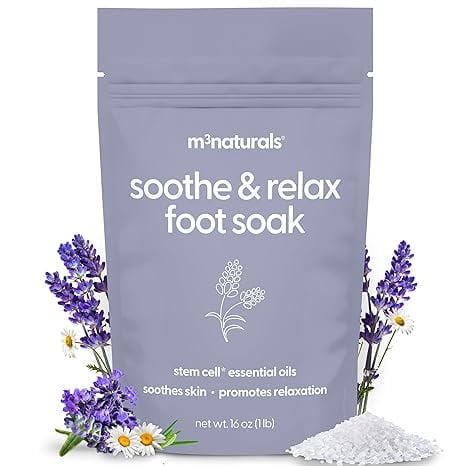 M3 Naturals Soothe & Relax Foot Soak | Lavender Epsom Salts for Soaking with Essential Oils for Pedicure, Detox & Relaxation | Unscented, 16 oz