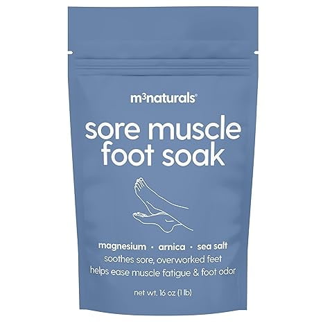 M3 Naturals Sore Muscle Foot Soak | Relaxing & Exfoliating Magnesium Salt Bath| Arnica, Eucalyptus & Peppermint | Unscented, 16 oz
