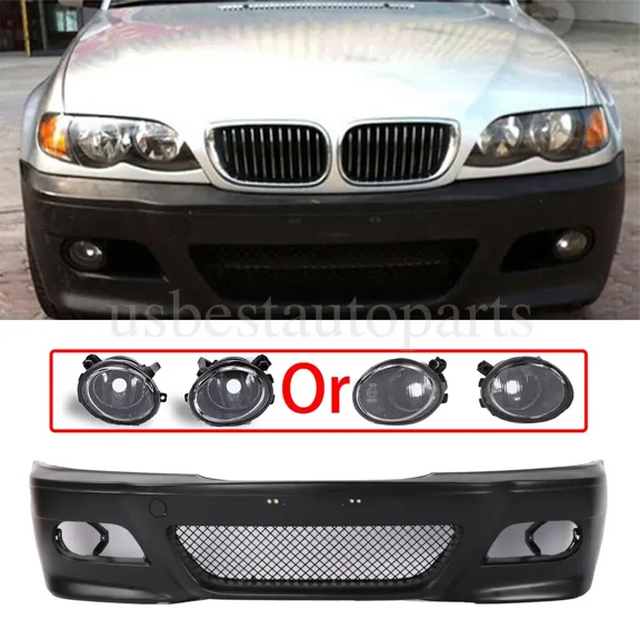 M3 Style Front Bumper Grille Cover+Fog Light Kit for 1999-2006 BMW E46 3-Series