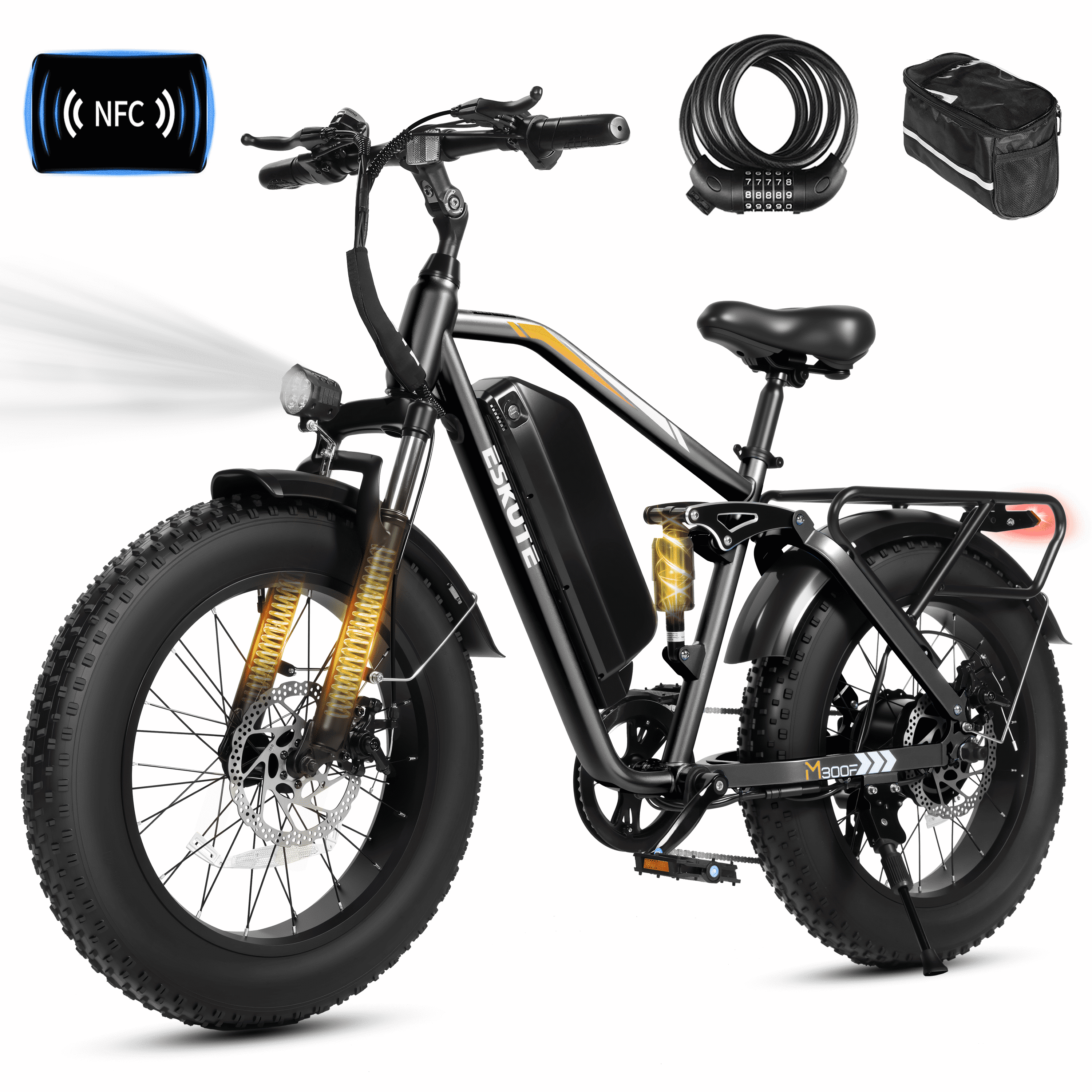 ESKUTE M300F Full Suspension Electric Bike, 20" Fat Tire Ebike, 48V 20.8Ah Removable Battery, 1200W Peak Motor, 7-Speed, Up to 80 Miles, Black with Phonebag & Lock, UL2849