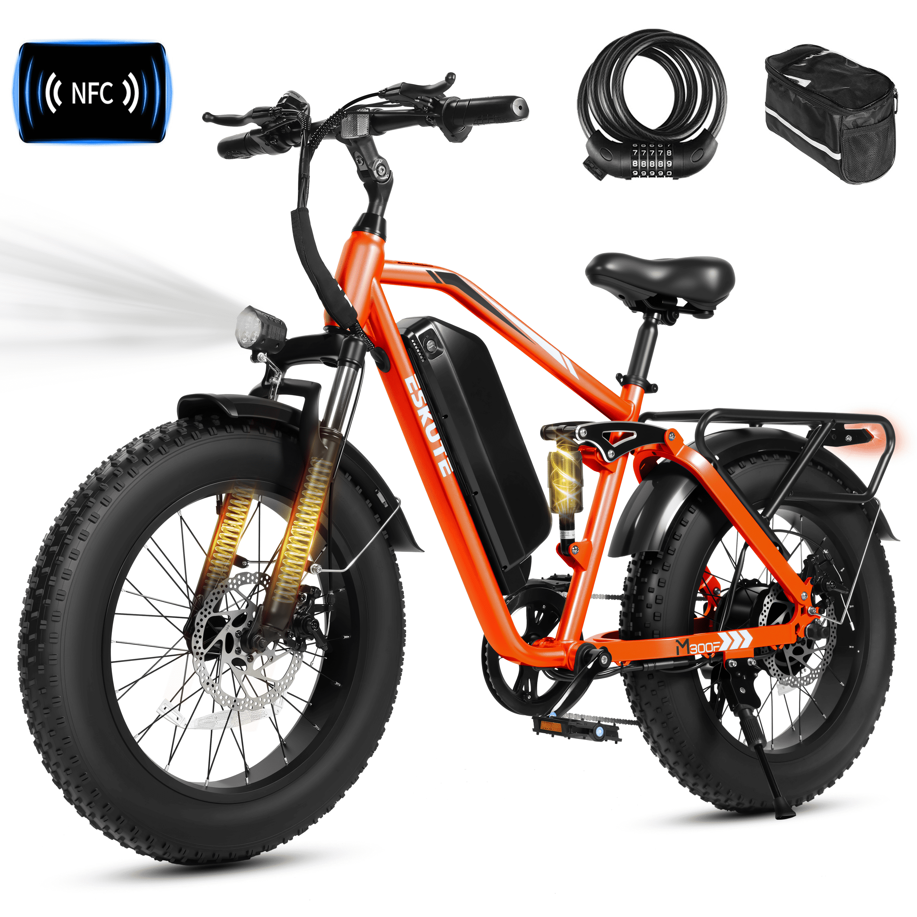 ESKUTE M300F Full Suspension Electric Bike, 20" Fat Tire Ebike, 48V 20.8Ah Removable Battery, 1200W Peak Motor, 7-Speed, Up to 80 Miles, Orange with Phonebag & Lock, UL2849