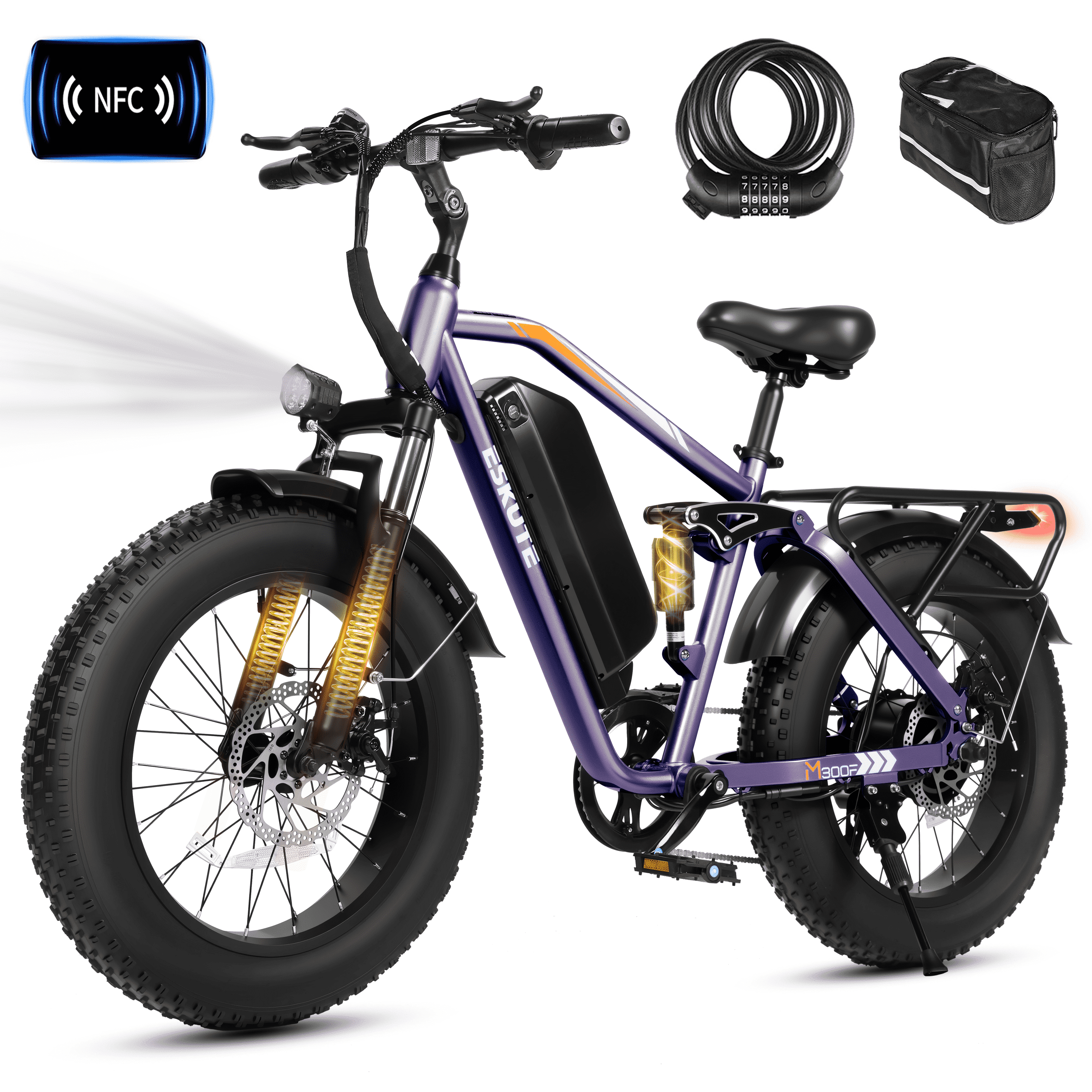 ESKUTE M300F Full Suspension Electric Bike, 20" Fat Tire Ebike, 48V 20.8Ah Removable Battery, 1200W Peak Motor, 7-Speed, Up to 80 Miles, Purple with Phonebag & Lock, UL2849