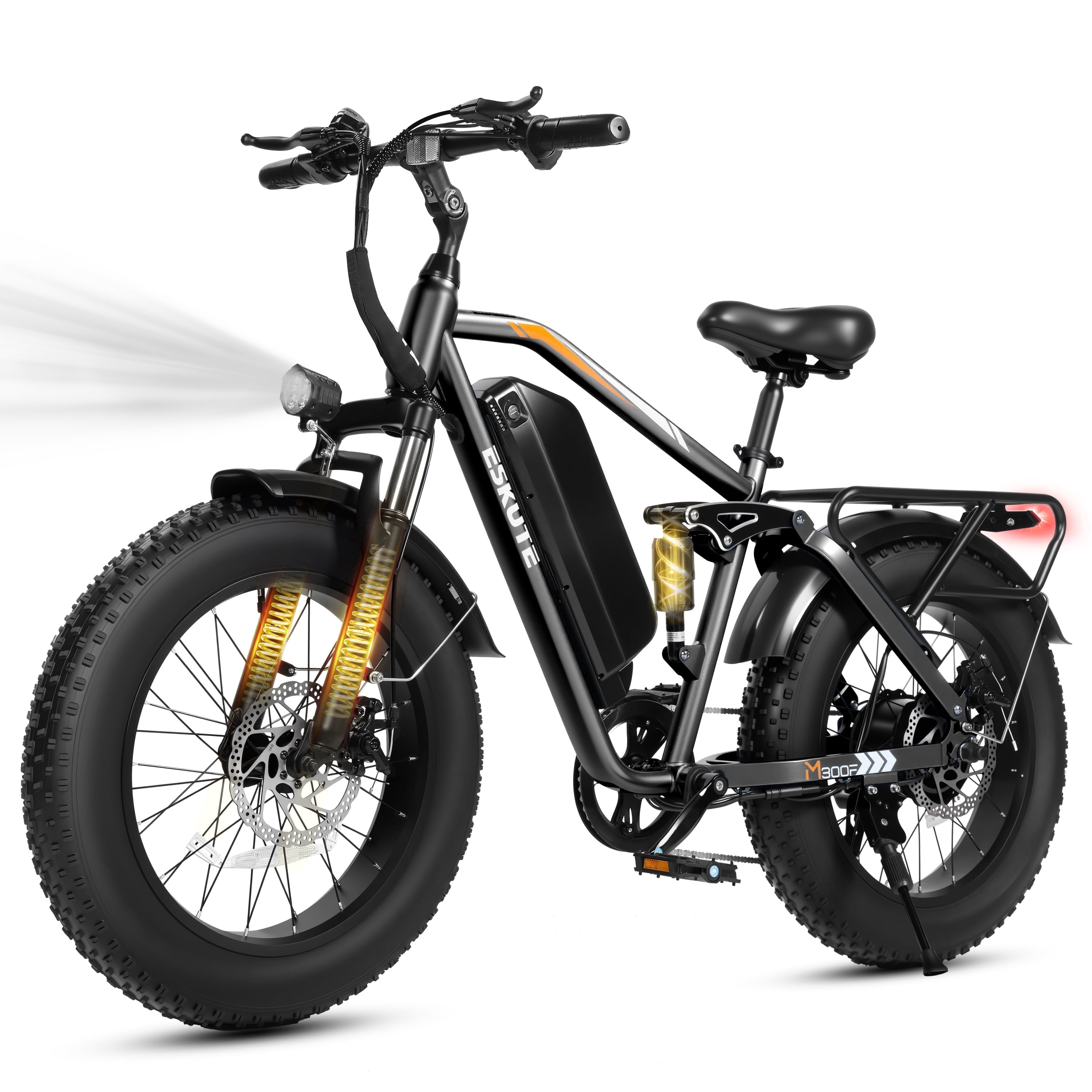 ESKUTE M300F Full Suspension Electric Bike, 20" Fat Tire Ebike, 48V 20.8Ah Removable Battery, 1200W Peak Motor, 7-Speed, Up to 80 Miles, Black, UL2849
