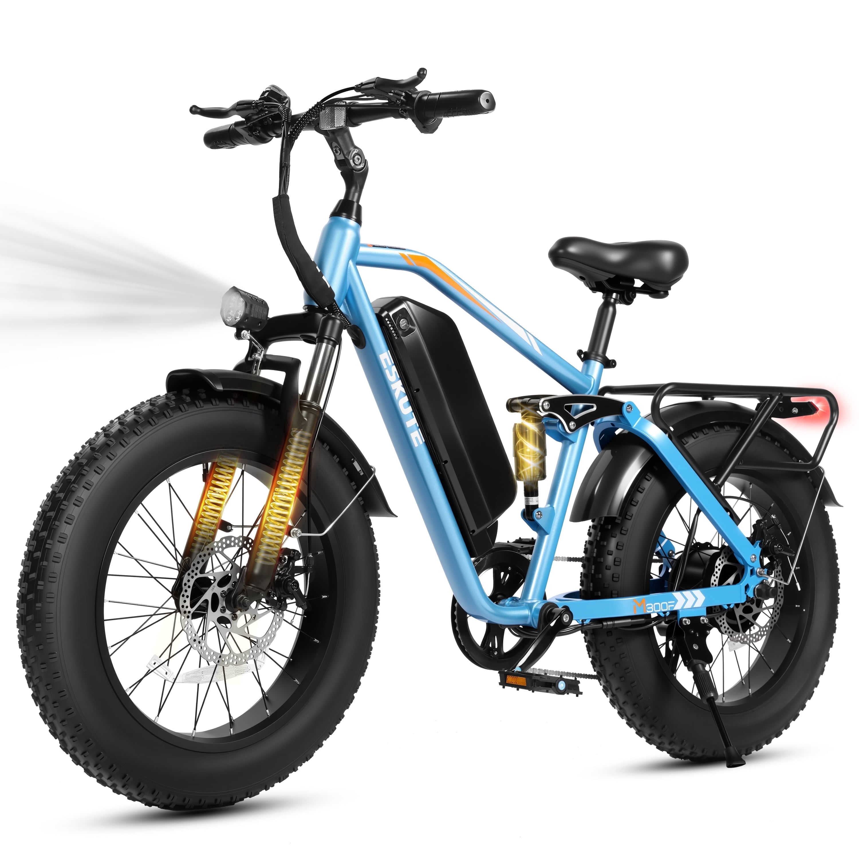ESKUTE M300F Full Suspension Electric Bike, 20" Fat Tire Ebike, 48V 20.8Ah Removable Battery, 1200W Peak Motor, 7-Speed, Up to 80 Miles, Blue, UL2849