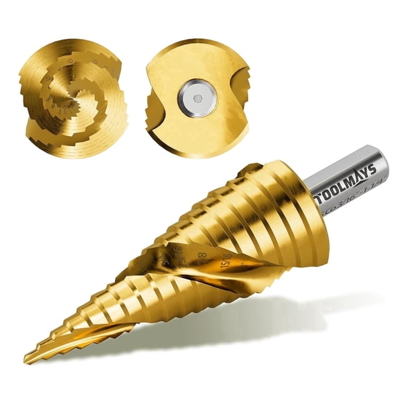 TOOLMAYS M35 Cobalt HSS Step Drill Bit, TiN Coating, Spiral Flute, 18 Steps, 3/16-1-1/4 inch, 3/8 inch Tri-Flatted Shank, 1 pack