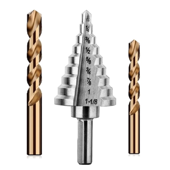M35 Drill Bits Set for Metal, Step Bits 3/16"- 1_1/8", Drill Bit 3/16",1/4", Heavy Duty for Stainless Steel, Mild Metal Aluminum,Copper,11-Steps,3PCS, A118P2