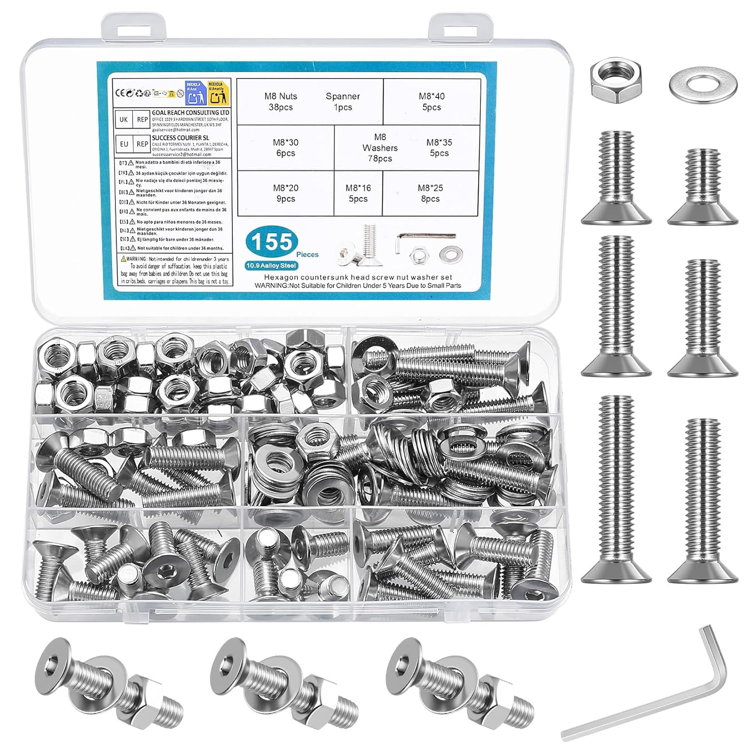M3M4M5M6M8 Screws Bolts Set, 155-1144 Pcs Hex Socket Flat Head Countersunk Assortment Kit, Machine Screws Nuts Washers with Allen Wrench for Electronics Furniture Repairs (Silver) (155pcs M8)