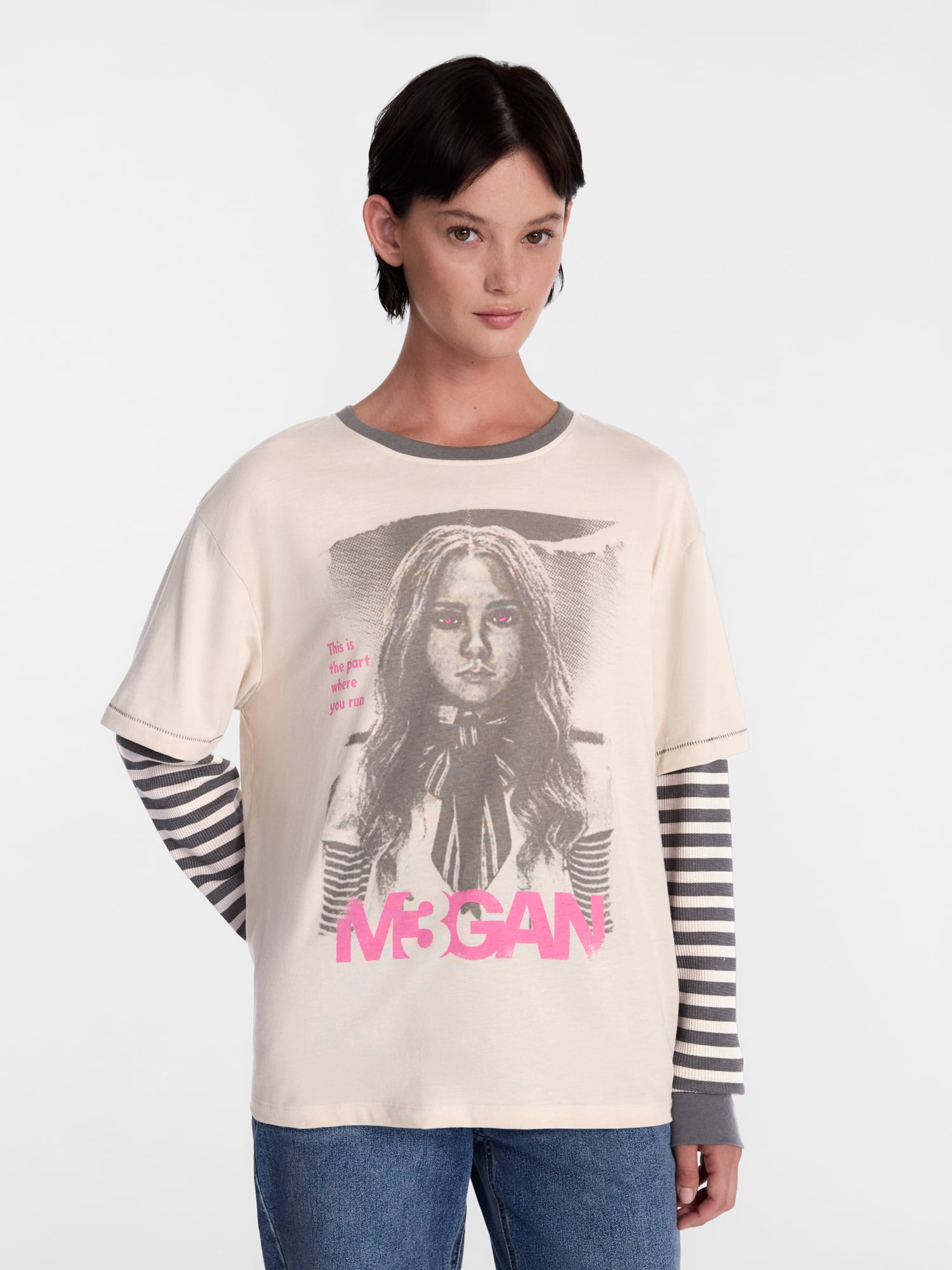 M3GAN Women's Halloween Layered Look Graphic Tee with Long Sleeves, Sizes XXS-XXL