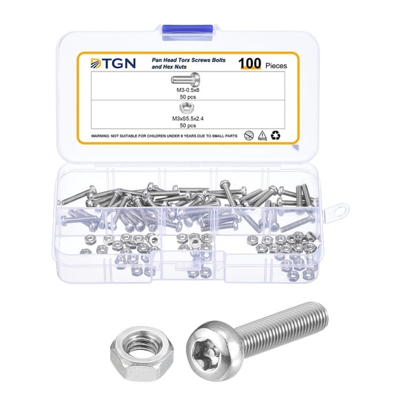 M3x16mm Pan Head Torx Security Screws - 100Pack - Good for Machinery - 304 Stainless Steel Tamper Proof Torx Security Fasteners & Hex Nuts - Silver Tone