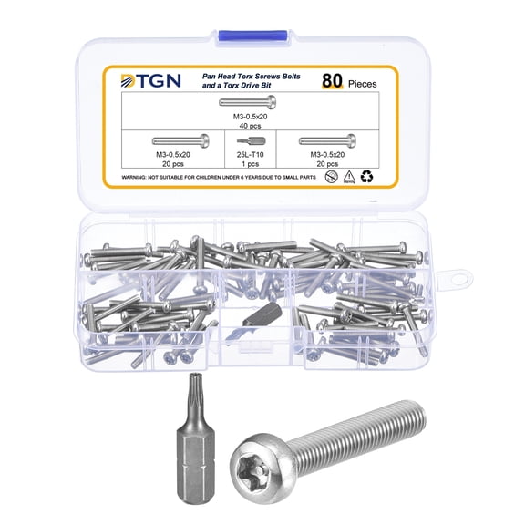 M3x20mm Pan Head Torx Security Screws - 80Pack - Good for Machinery - 304 Stainless Steel Tamper Proof Torx Security Fasteners & a Torx Driver Bit - Silver Tone