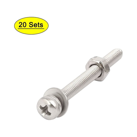 M3x30mm 304 Stainless Steel Pan Head Bolt Screw Nut w Washer 20 Sets