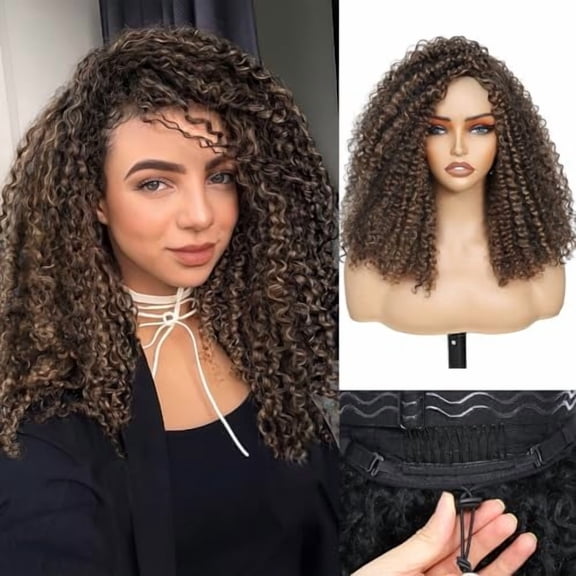 M4/30 Curly Half Wig, 3 In 1 Glueless Wigs for Black Women 18inch Human Hair mix Synthetic Curly Wig with Drawstring Beginner Friendly Daily Use/Date/Travel/Graduation/Birthday/Wedding