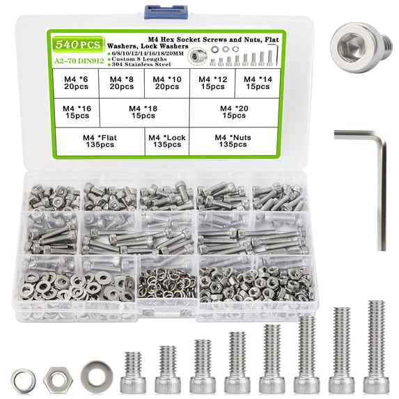 M4 Nuts and Bolts Assortment Kit 540PCS, 304 Stainless Steel Hex Socket Head Cap Machine Screws Bolts and Nuts Kit Silver 6mm-20mm