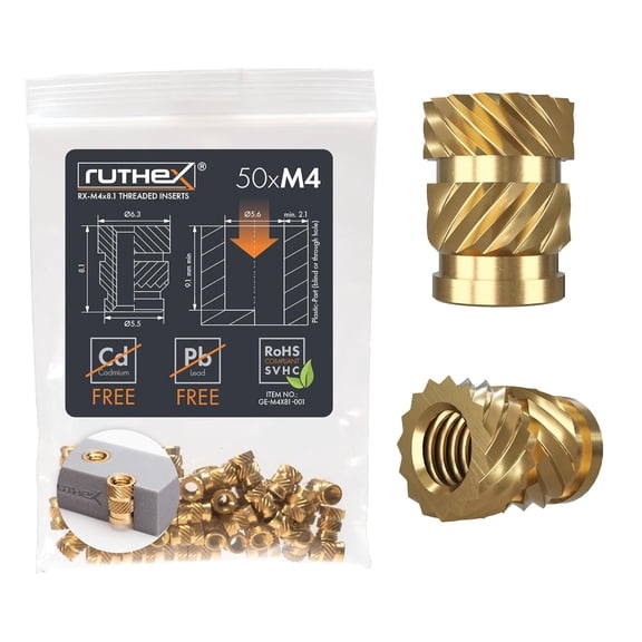 M4 Threaded Inserts - 50 Pieces RX-M4x8.1 Brass Heat Set Insert for Plastic Parts - Metric knurled Nuts - Insert by Heat into 3D Printing Components