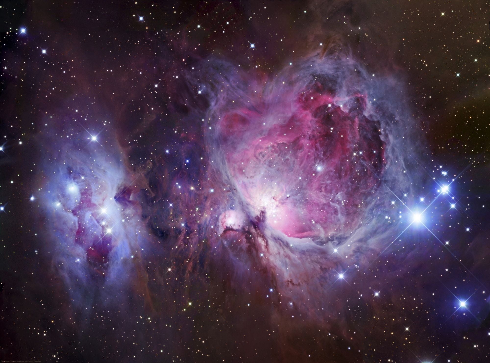 M42 the Orion Nebula (top) and NGC 1977 a reflection nebula (bottom) Canvas Art - Robert GendlerStocktrek Images (32 x 24)