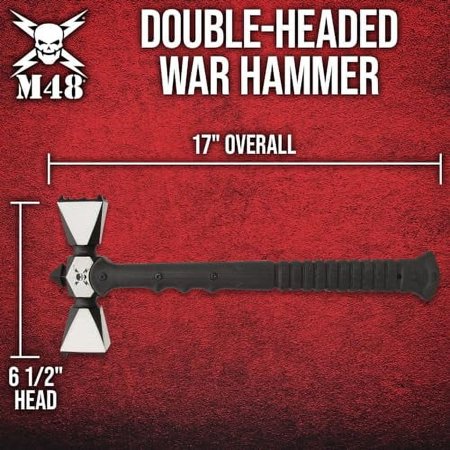 M48 Double-Headed War Hammer with Sheath - 2cC13 Stainless Steel Head, Grooved Injection Molded Handle, Skull Crusher – Vicious War Hammer for Modern Users - 17” Overall