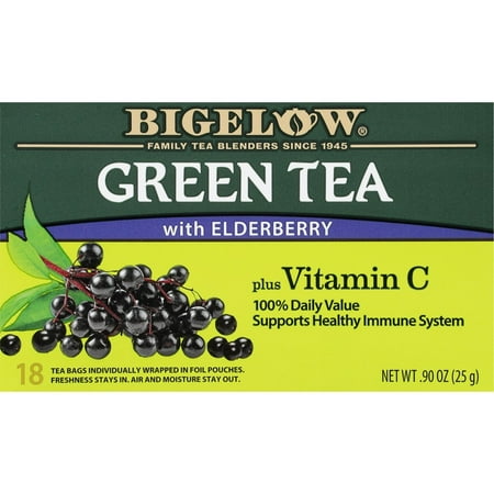 M4Tea Zone Green Tea with Elderberry, Plus Vitamin C, Tea Bags, 18 Count (Pack of 2)