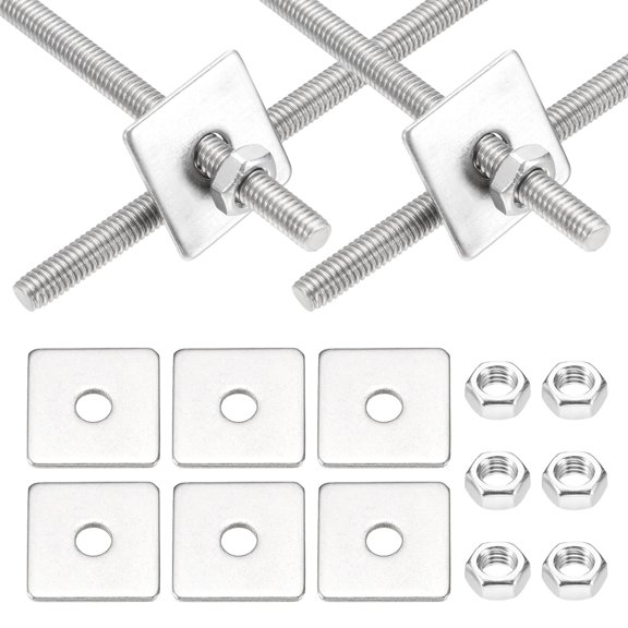 M4x120mm Fully Threaded Rod, 4Set 304 Stainless Steel Threaded Rods Bar Studs Right Hand Threads with Nut Square Washer for Structural Anchoring Fastening Screw