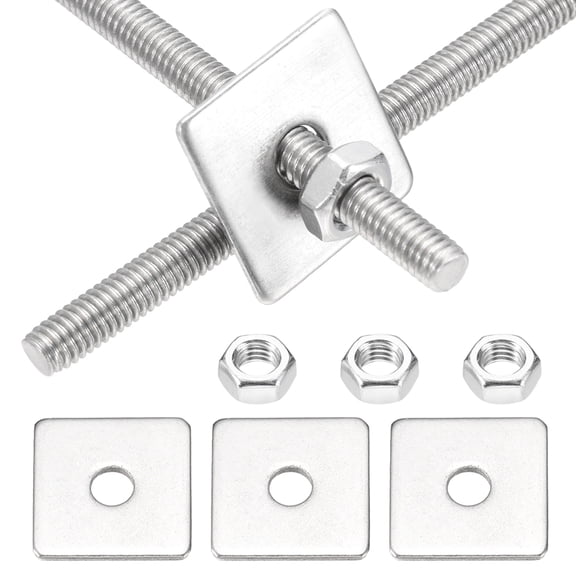 M4x150mm Fully Threaded Rod, 2Set 304 Stainless Steel Threaded Rods Bar Studs Right Hand Threads with Nut Square Washer for Structural Anchoring Fastening Screw