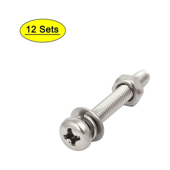 M4x30mm 304 Stainless Steel Pan Head Bolt Screw Nut w Washer 12 Sets
