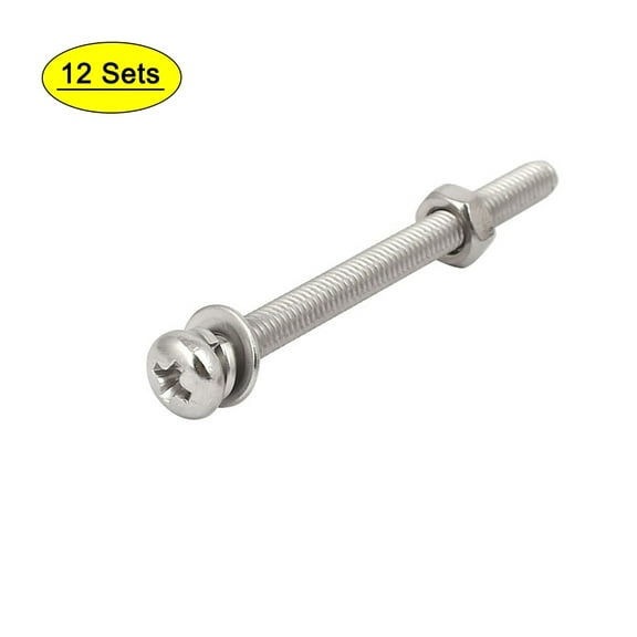 M4x50mm 304 Stainless Steel Pan Head Bolt Screw Nut w Washer 12 Sets