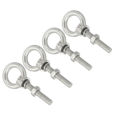 M4x60 3/16"x0.98" Stainless Steel Eye Bolts Threaded Screw Eyebolt Shoulder Ring with Nuts Washers 4 Set