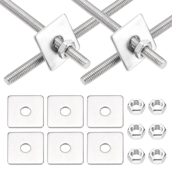 M4x80mm Fully Threaded Rod, 6Set 304 Stainless Steel Threaded Rods Bar Studs Right Hand Threads with Nut Square Washer for Structural Anchoring Fastening Screw