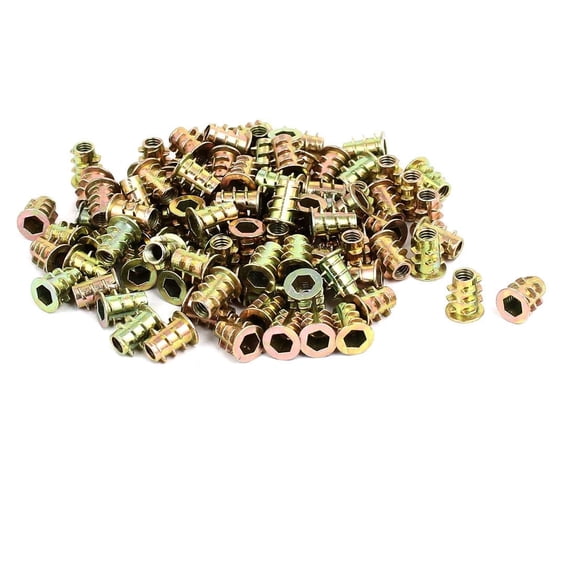 M4 x 9.5mm Furniture Threaded Insert Nuts for Wood, 100-Pack Hex Socket Drive Wood Inserts, Durable Metal Bronze Tone Hardware for Furniture Repair
