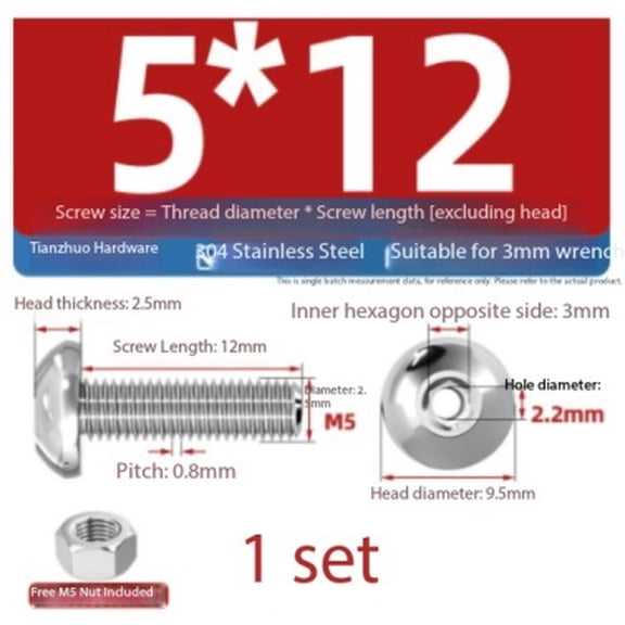 M5 304 Stainless Steel Hollow Round-Head Hexagonal Wire-Threading Screws and Nuts - 5 Sets for Woodworking and DIY Projects