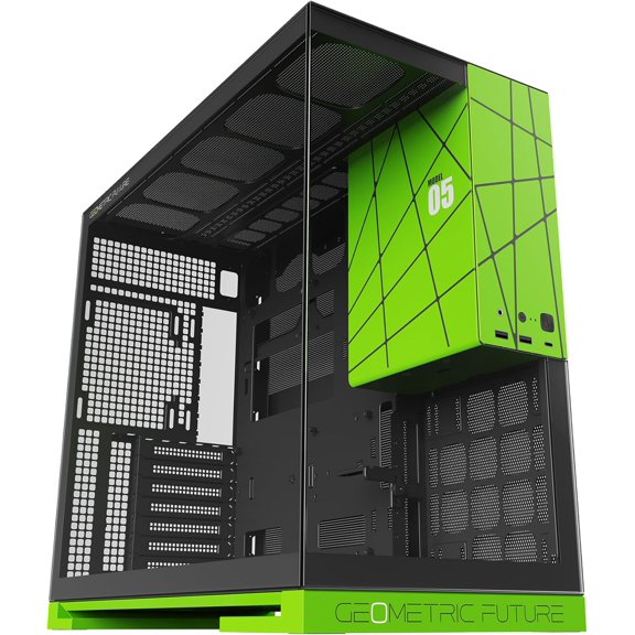 M5 Tempered Glass Mid Tower, E-ATX/ATX Gaming Case, 1.2mm Steel, Type C, Toolless Panels, Support 420/360 Radiator, Dual-Chamber, Black/Green, GEO-M5-BNY