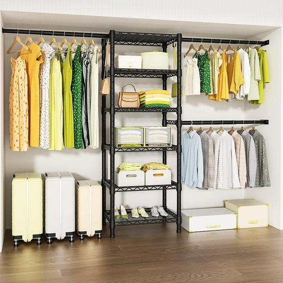 M5 Wall Mounted Clothes Garment Rack, Closet Storage and Organizer System with 6 Shelves and 3 Expandable Hanger Rods, Space Saver Suit (46.2-102.4)" W x 14" D x 83.1" H, Black