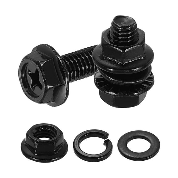 M5 x 12mm 10Pcs Phillips Flanged Hex Bolts with Nuts, Flat & Lock Washers, Black