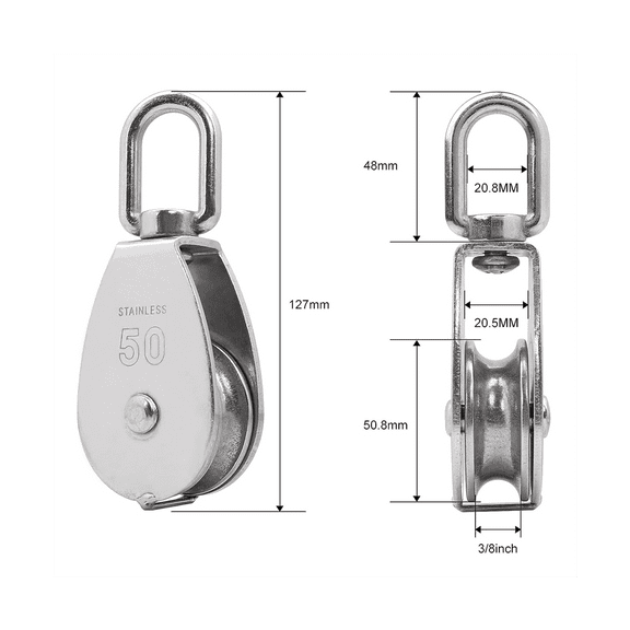 M50 Single Pulley Snatch Block Lifting Crane Heavy Duty Swivel Hook 304 Stainless Steel, 3/8In Rope, 800 Lbs Load (2PCS)