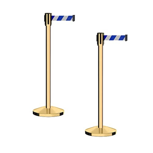M530 Set of 2 Retractable Belt Barrier Stanchion, Sloped Base, Polished Brass Post (9 ft Blue and White Diagonal Belt)