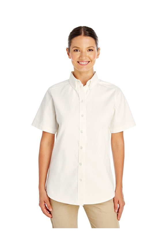 M582W Harriton Ladies Foundation 100% Cotton Short-Sleeve Twill Shirt White L
