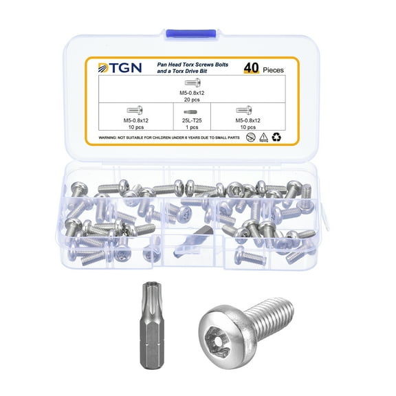 M5x12mm Pan Head Torx Security Screw - 40Pack - Stainless Steel - Silver