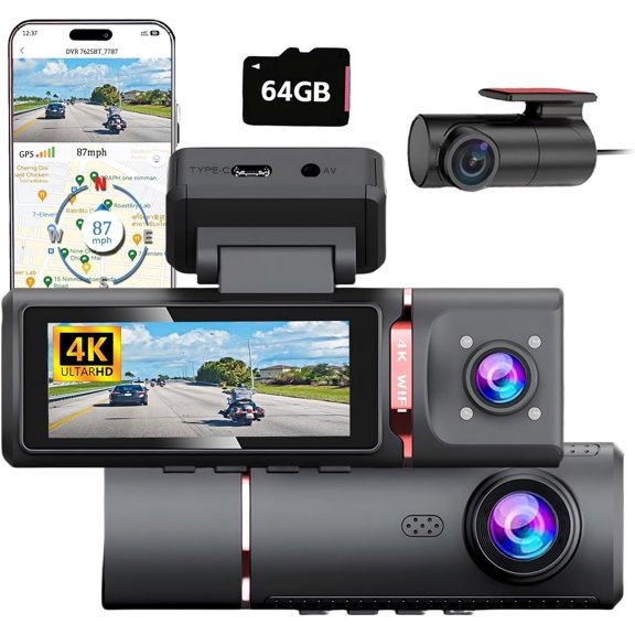 M6 4K 3 Cam Front and Rear Inside, Camera for , Triple Camera with 3 Inch Screen, IR Night Vision,5GHz WiFi -in GPS with 64GB Card, G Sensor,24H Parking Mode